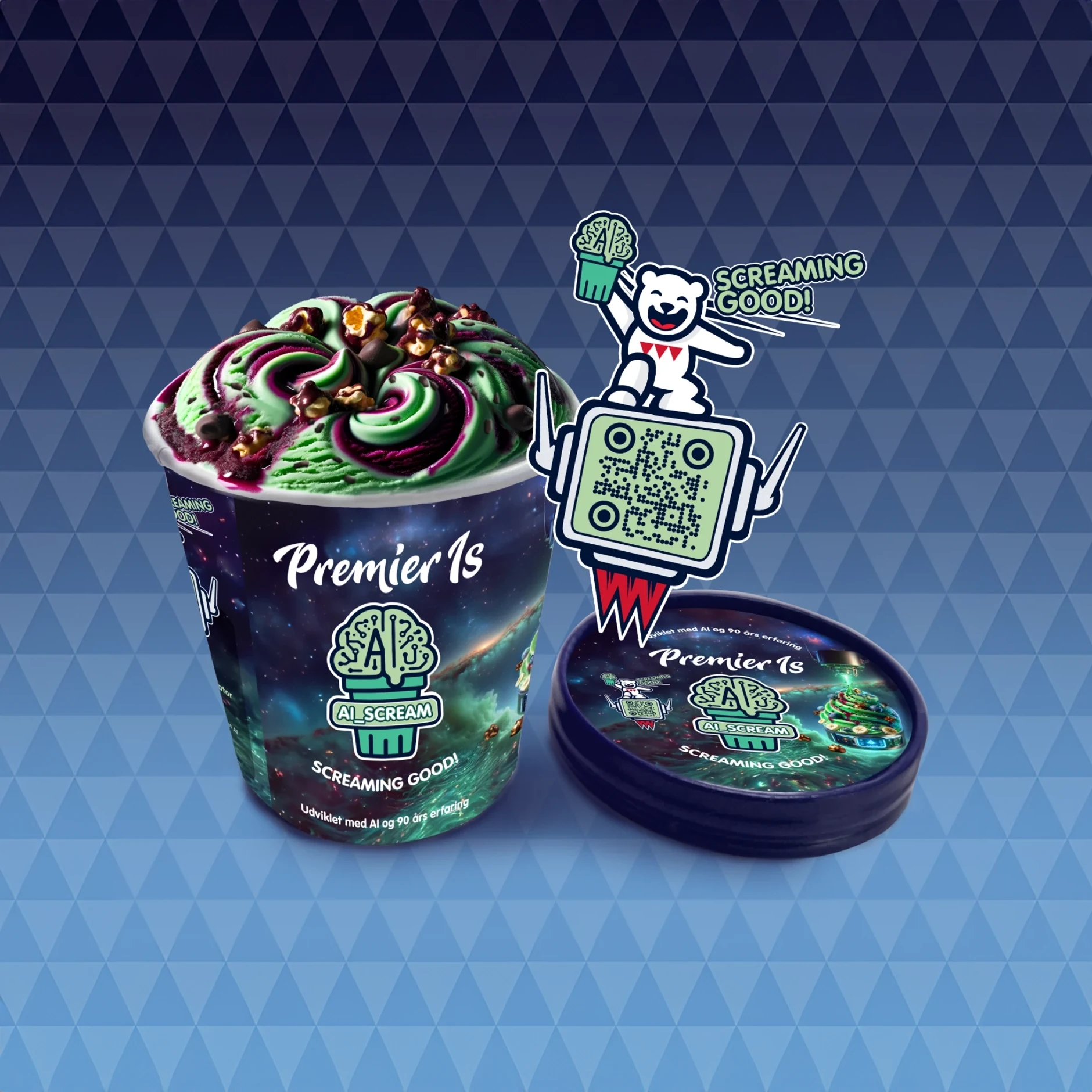 AI_SCREAM physical ice cream tub, lid and QR code identity