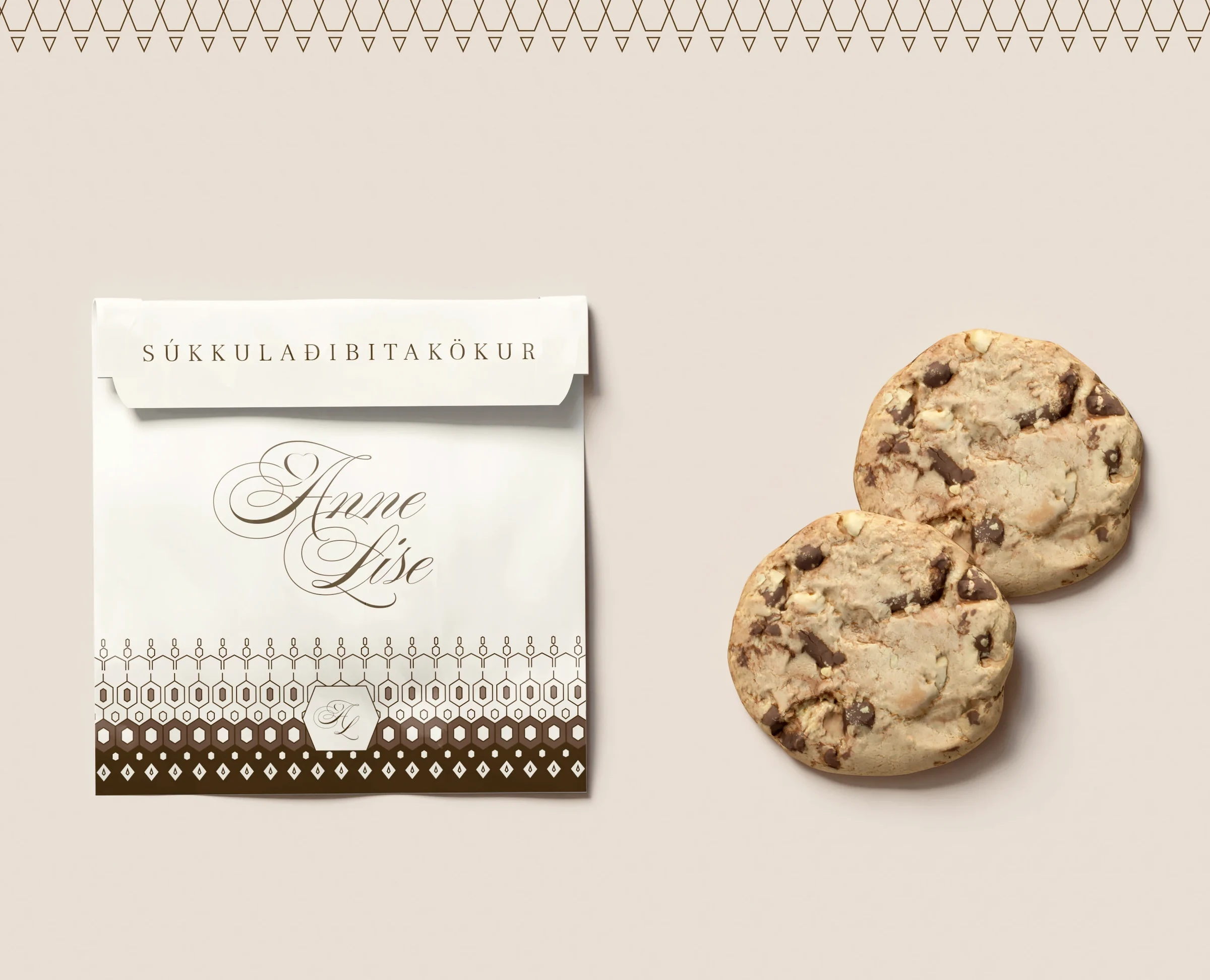 Cookie packaging with the signature and decorative border.