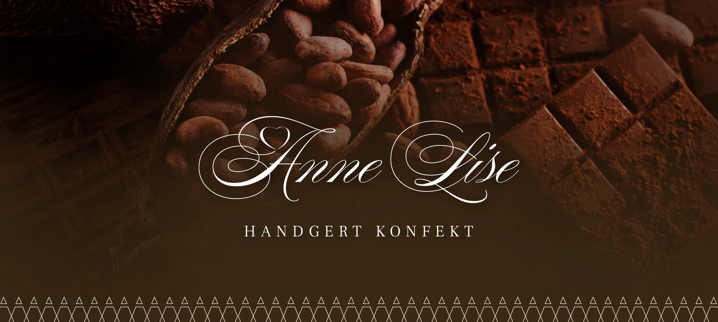 Anne Lise’s flowing signature over chocolate, cocoa beans and the knitting-inspired border