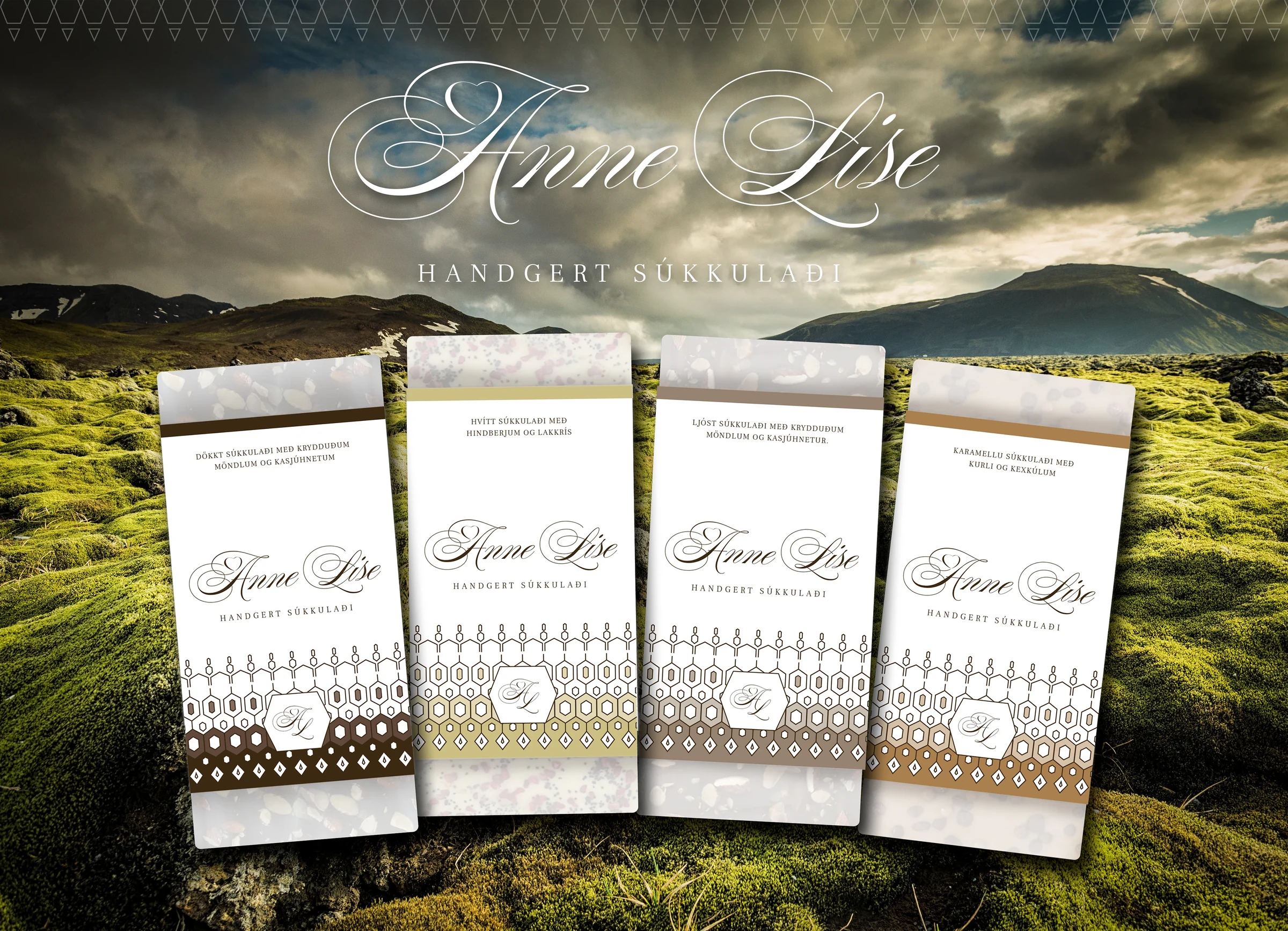 The full wrapper family, presented against a green mountain landscape.