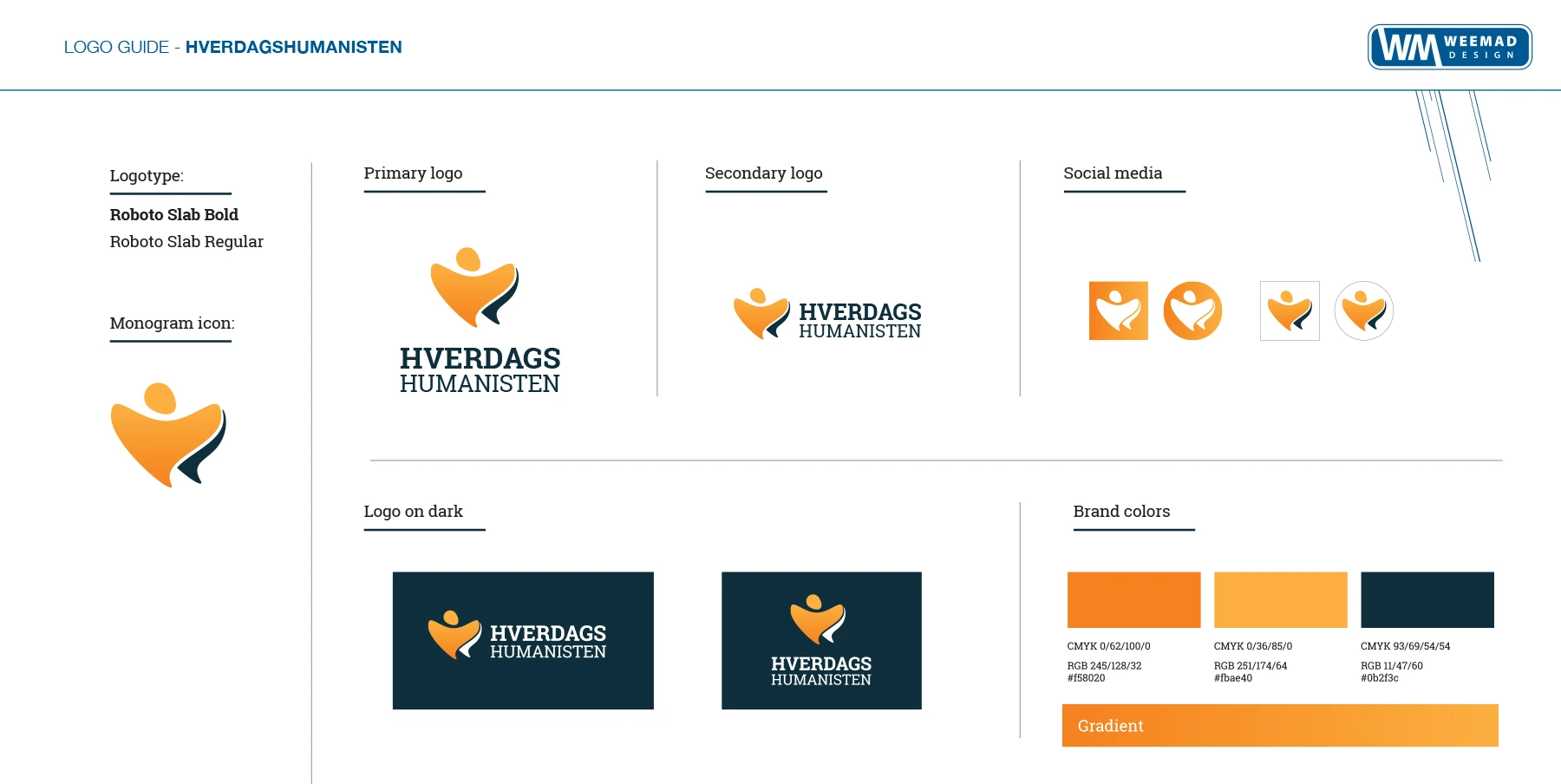 Original identity guide, with marks, colours and social-media versions.