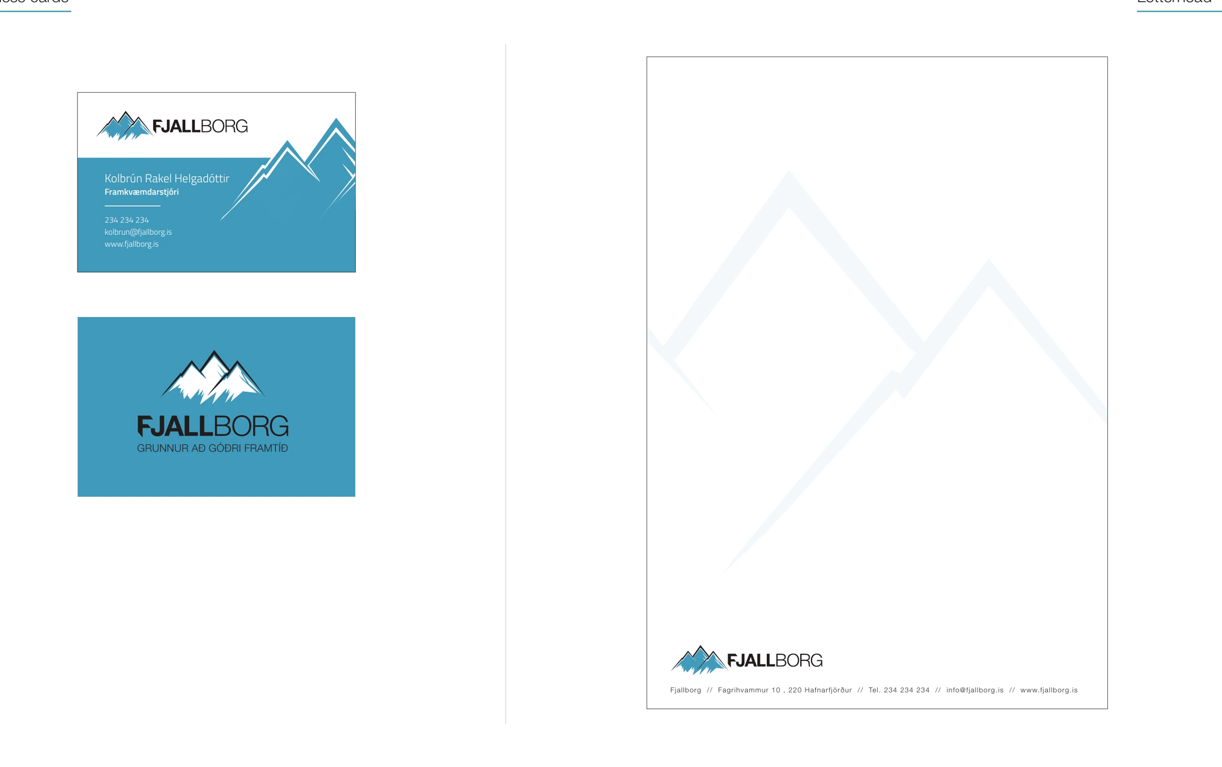 Business cards and letterhead, shown as complete layouts.