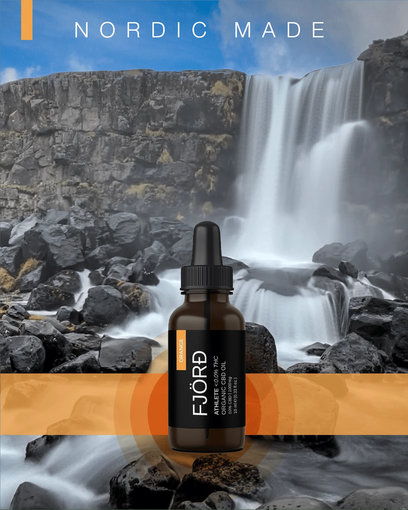 Fjörd product key visual over waterfall photography