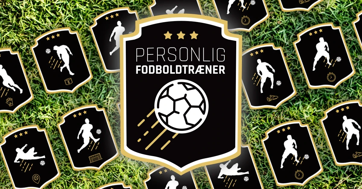 Black and gold Personal Football Trainer badge surrounded by football training symbols on grass.