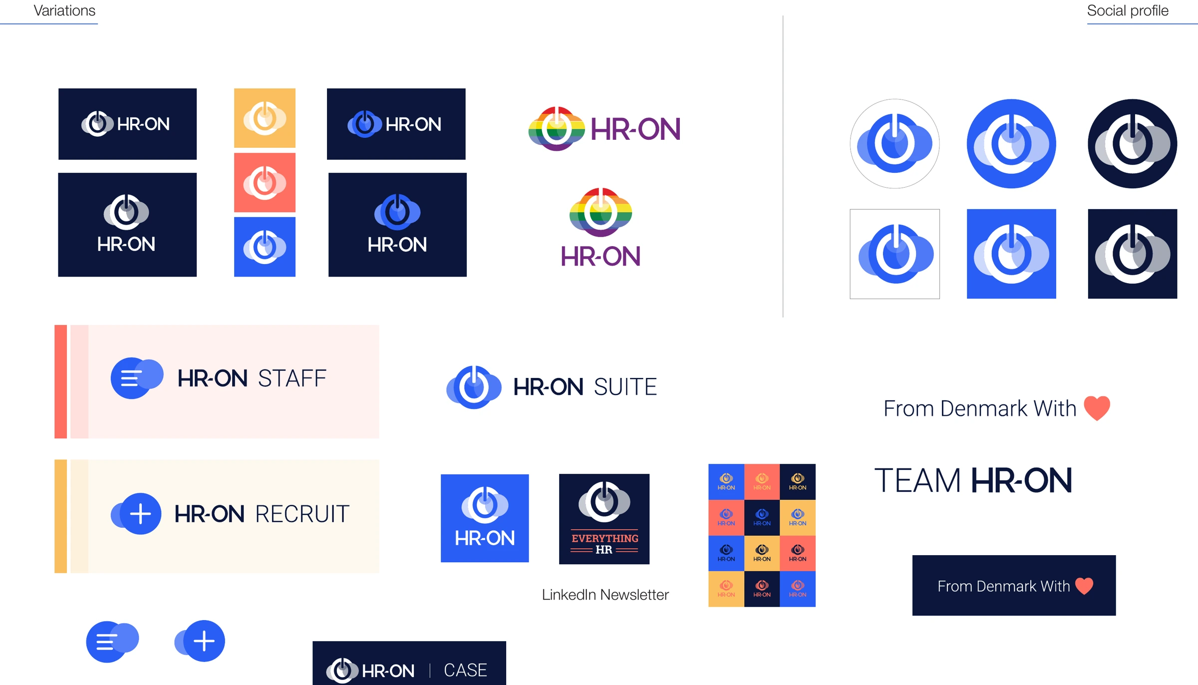 Product identities, logo variations and social-profile applications.