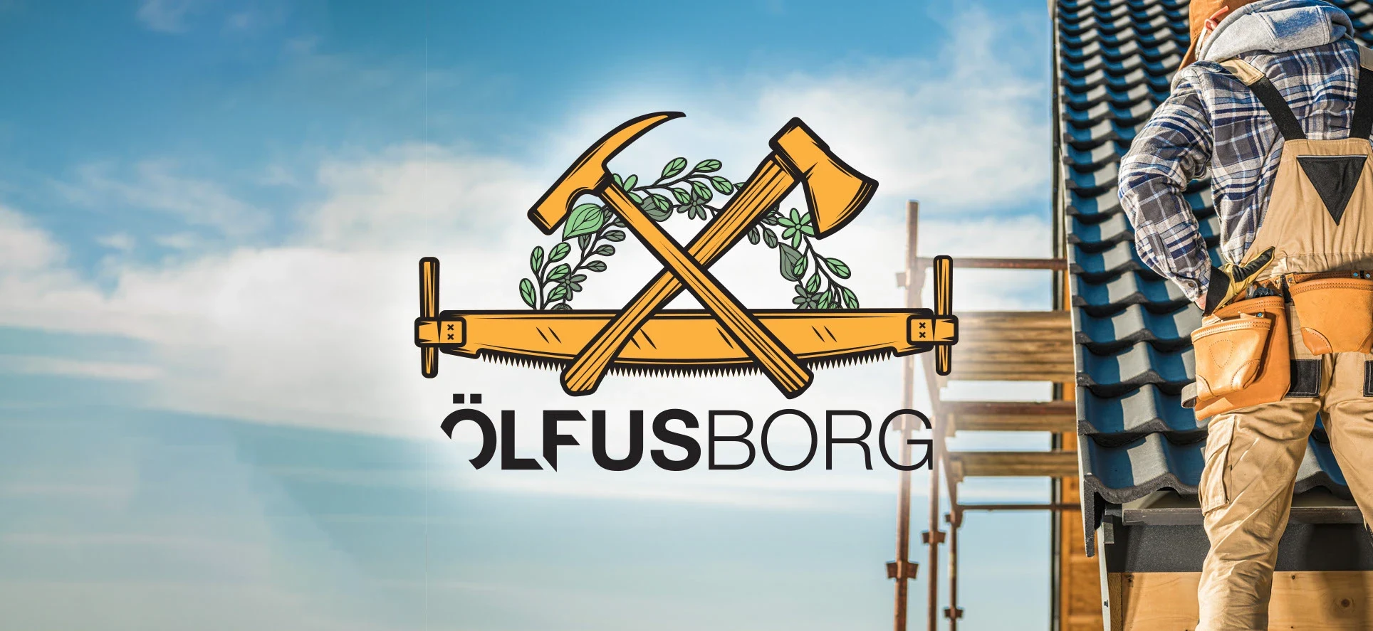 Ölfusborg illustrated identity with crossed construction tools and a decorated beam on a building site