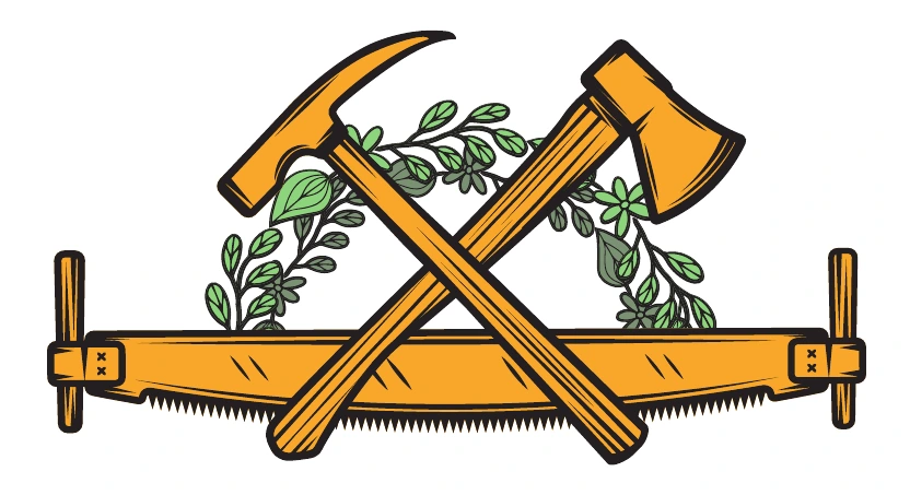 Ölfusborg’s original illustrated emblem with tools, foliage and a final beam.