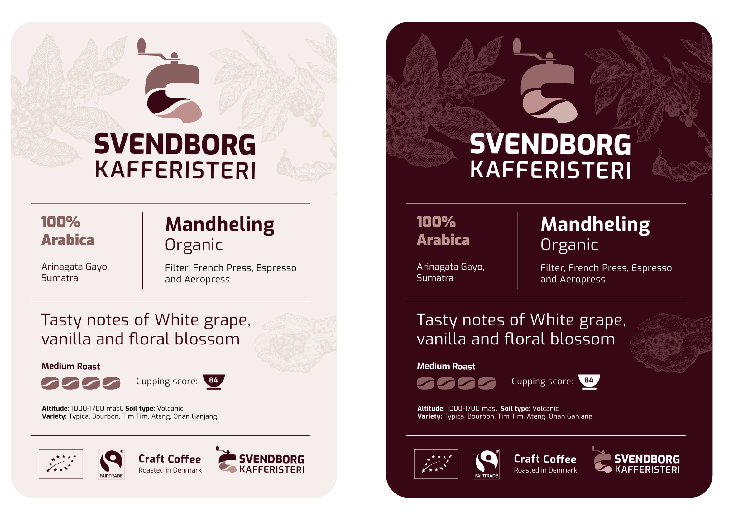 The complete light and burgundy coffee-label designs.