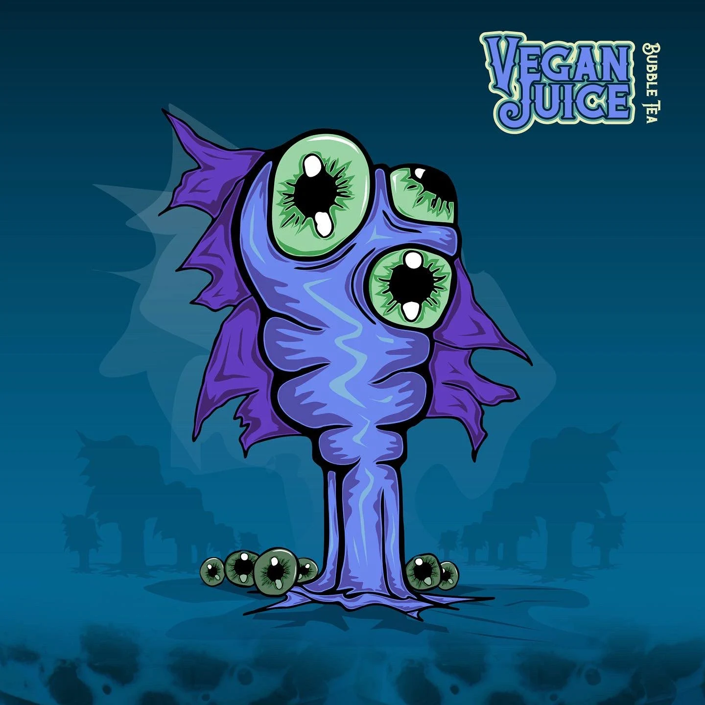 Purple three-eyed alien character for the fictional Vegan Juice bubble tea brand
